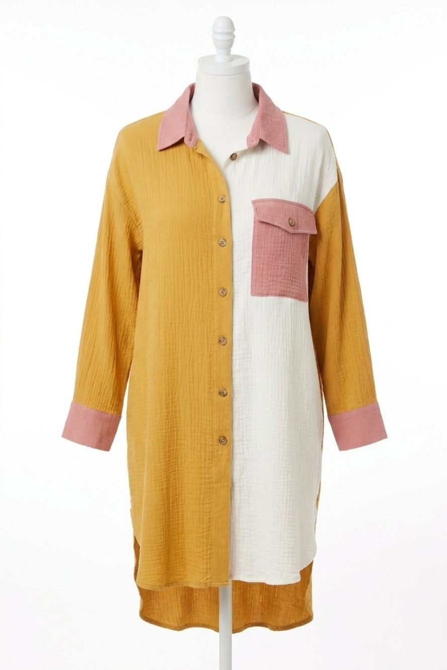NEW SHE + SKY women's plus long sleeve gauze color block shirt top in mustard